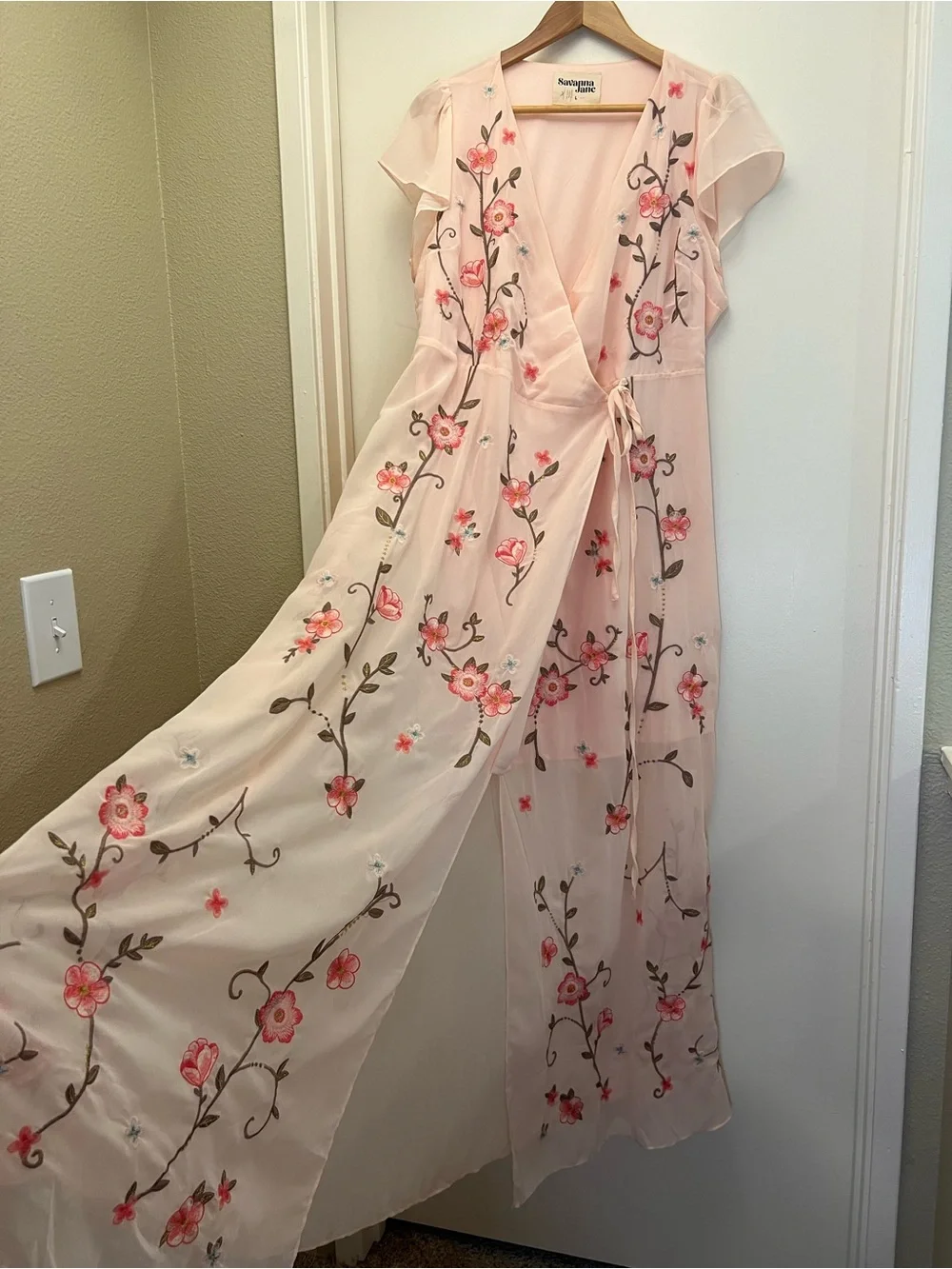 Savanna Jane Peach Floral Embroidered Maxi Wrap Dress - Picture 10 of 12